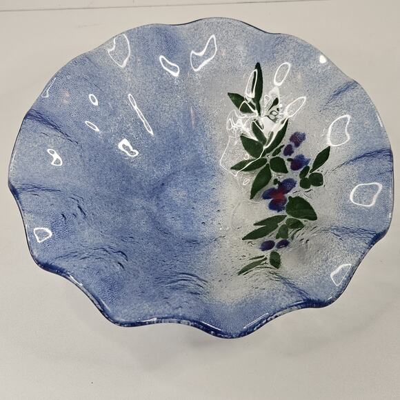 VINTAGE Hand Made Flower Pattern Fused Glass Textured Bowl Dish Ruffled Edge - Picture 4 of 8